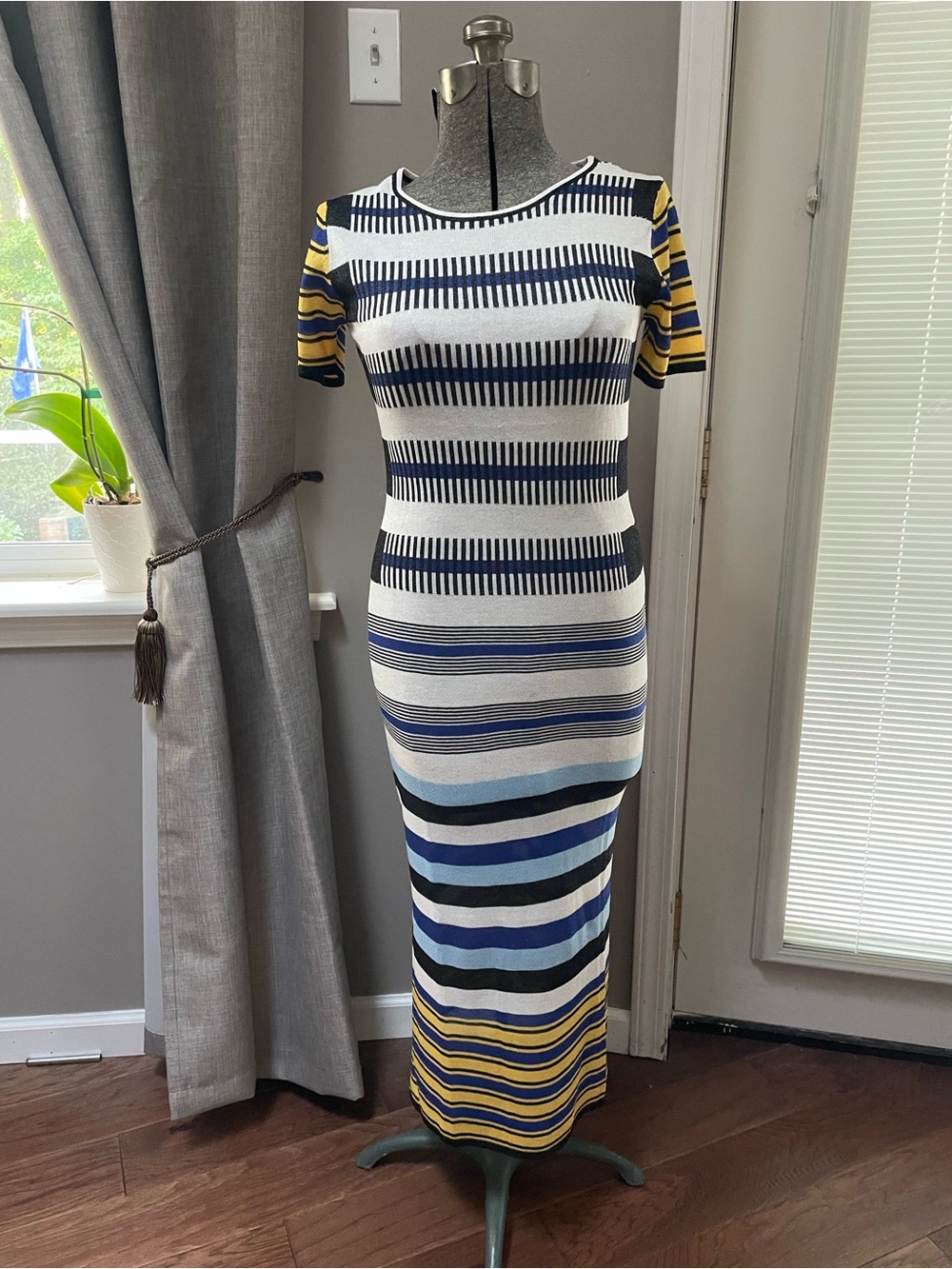 Striped Short-Sleeve Maxi Dress in Navy, White & Yellow. Made in Italy